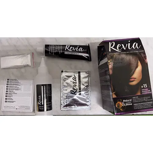 Foto aus der offiziellen Meldung: Revia Verona Care coloring cream, Natural &amp; Color shine Haarfärbemittel — Risiko: Chemikalie (A12/01118/24)