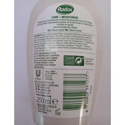 Foto dell’avviso ufficiale: Radox Radox Care + MOISTURISE LIQUID HANDWASH Enriched with camomile &amp; jojoba oil Anti-Bacterial Sapone li — rischio: Rischio chimico