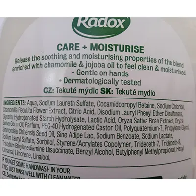 Foto dell’avviso ufficiale: Radox Radox Care + MOISTURISE LIQUID HANDWASH Enriched with camomile &amp; jojoba oil Anti-Bacterial Sapone li — rischio: Rischio chimico