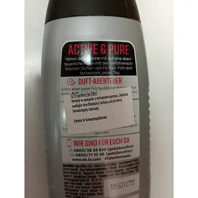 Photo de l’avis officiel: Fa MEN ACTIV &amp; PURE, značka Fa MEN Gel douche — risque: Risque chimique