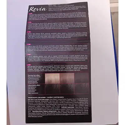 Foto uit de officiële melding: Revia N°15 EBONY BLACK HAIR DYE Haarverf — risico: Chemische risico's