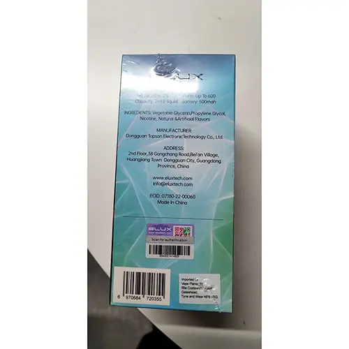 Foto aus der offiziellen Meldung: Elux Crystal ELUX CRYSTAL 600 Mix fruit with anti seed shisha Elektronische Einweg-Zigarette — Risiko: Chemikalie