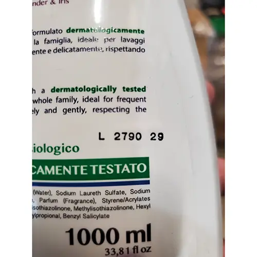 Photo de l’avis officiel: Eloderma Italia LAVANDA E IRIS Savon liquide — risque: Risque chimique