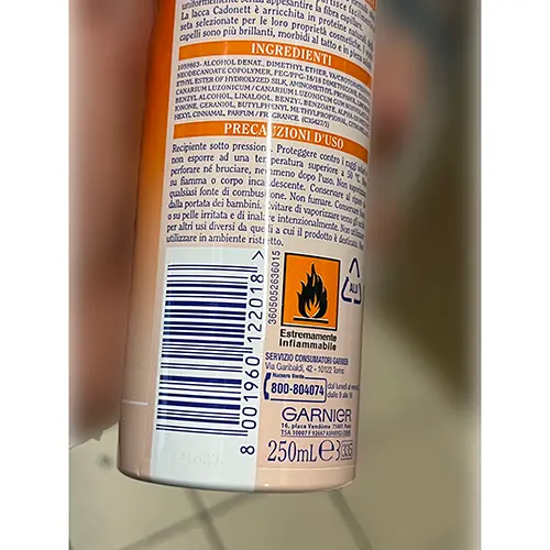 Photo de l’avis officiel: Garnier Cadonett Spray pour cheveux — risque: Risque chimique