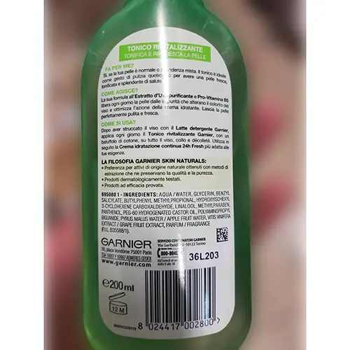 Foto dell’avviso ufficiale: Garnier Fresh Toner per il viso — rischio: Rischio chimico