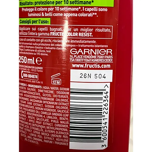 Foto dell’avviso ufficiale: Garnier FRUCTIS SHAMPOO FORTIFICANTE COLOR RESIST — rischio: Rischio chimico