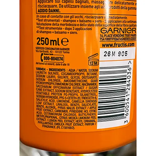Photo de l’avis officiel: Garnier Shampoo fortificante addio danni  - Fructis Shampooing — risque: Risque chimique