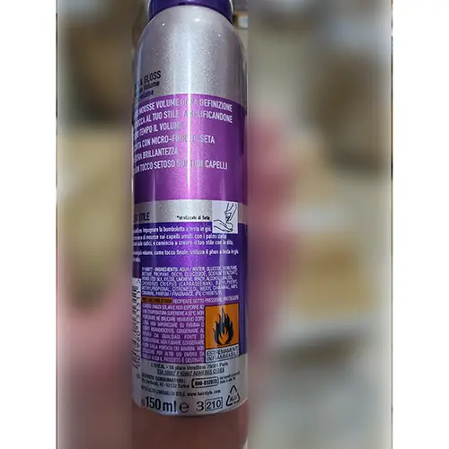 Foto uit de officiële melding: L'OREAL PARIS STUDIOLINE SILK &amp; GLOSS MOUSSE VOLUME Haarmousse — risico: Chemische risico's