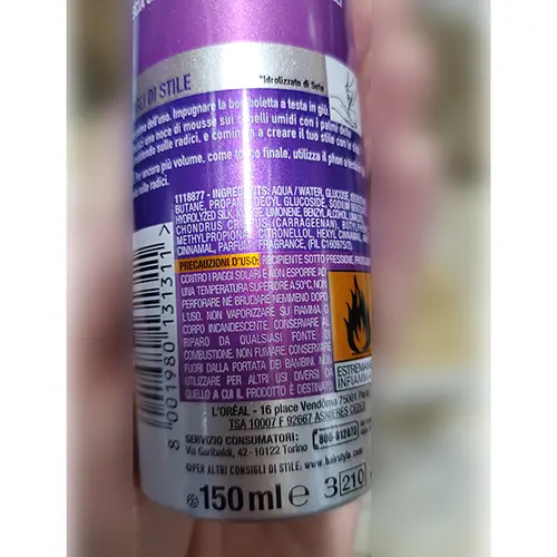 Foto uit de officiële melding: L'OREAL PARIS STUDIOLINE SILK &amp; GLOSS MOUSSE VOLUME Haarmousse — risico: Chemische risico's