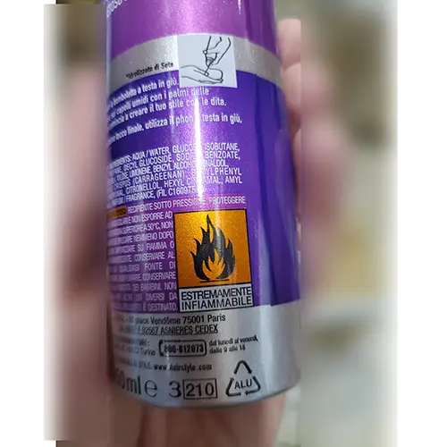 Foto uit de officiële melding: L'OREAL PARIS STUDIOLINE SILK &amp; GLOSS MOUSSE VOLUME Haarmousse — risico: Chemische risico's