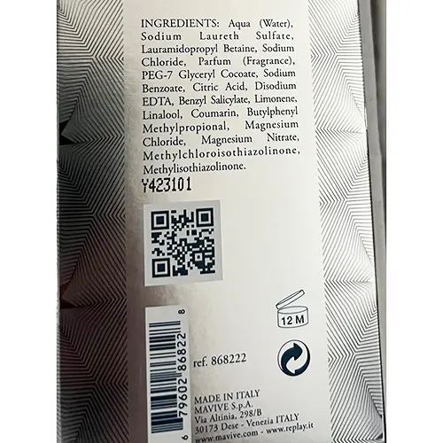 Foto uit de officiële melding: Replay Relover Lichaamsshampoo — risico: Chemische risico's