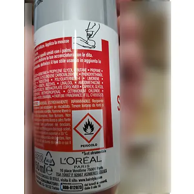 Photo de l’avis officiel: L'OREAL PARIS Studio line  Style &amp; Shine Mousse de cheveux — risque: Risque chimique