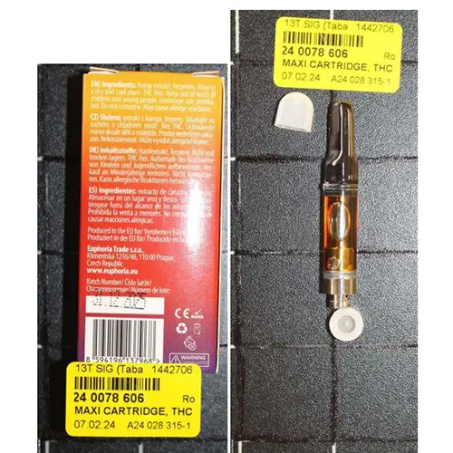 Foto dell’avviso ufficiale: EUPHORIA MAXI CARTRIDGE, THCP; Orange Cookies Liquido per sigaretta elettronica — rischio: Rischio chimico