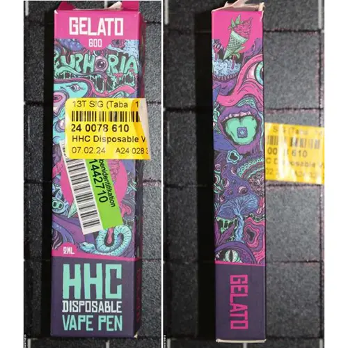 Photo from the official notice: EUPHORIA HHC Disposable Vape Pen Amnesia, Gelato, Zkittlez electronic cigarette — chemical risk
