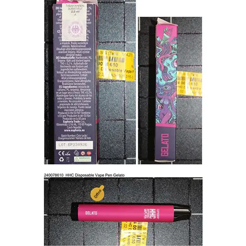 Photo from the official notice: EUPHORIA HHC Disposable Vape Pen Amnesia, Gelato, Zkittlez electronic cigarette — chemical risk