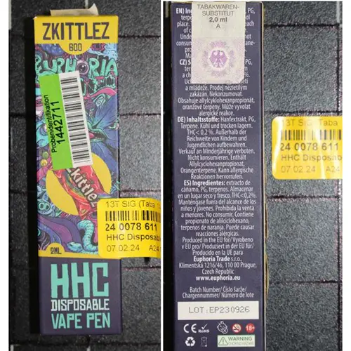 Photo from the official notice: EUPHORIA HHC Disposable Vape Pen Amnesia, Gelato, Zkittlez electronic cigarette — chemical risk