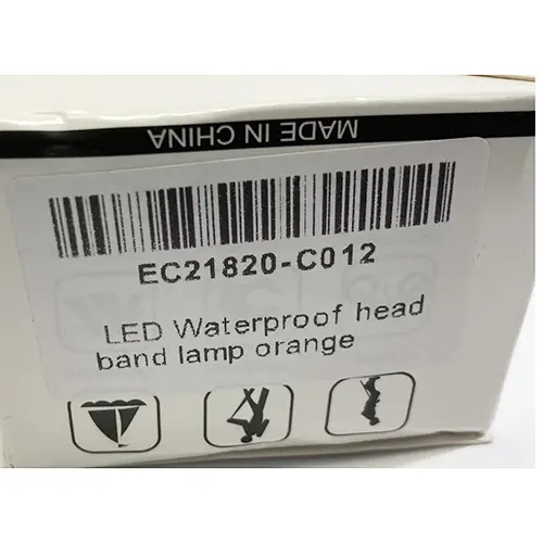 Photo de l’avis officiel: LED Waterproof head band lamp orange Lampe frontale à LED — risque: Risque chimique & Environnement