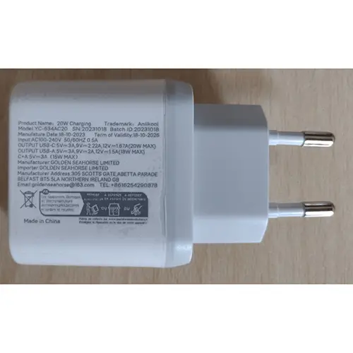 Photo de l’avis officiel: Anlikool 20W Charging Chargeur USB — risque: Choc électrique