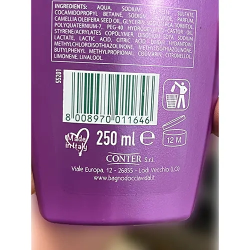 Photo de l’avis officiel: Vidal Sensual Touch Camelia e Ambra Gel douche — risque: Risque chimique