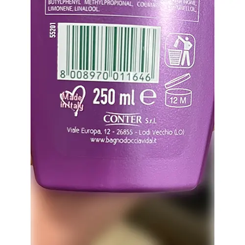 Photo de l’avis officiel: Vidal Sensual Touch Camelia e Ambra Gel douche — risque: Risque chimique