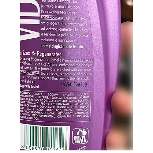 Photo de l’avis officiel: Vidal Sensual Touch Camelia e Ambra Gel douche — risque: Risque chimique