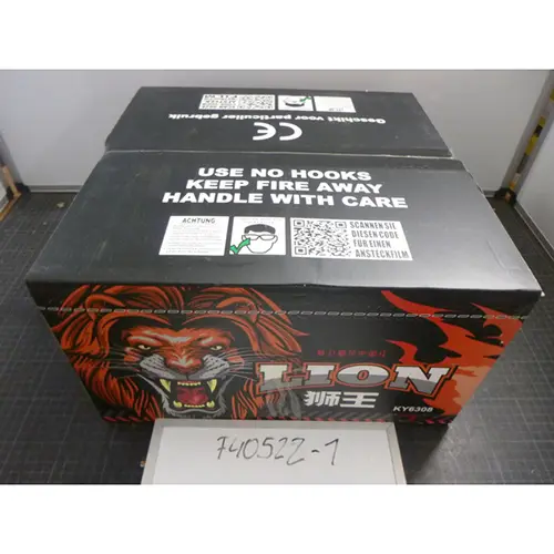 Photo from the official notice: China Red Lion fireworks — burns & damage to hearing risk