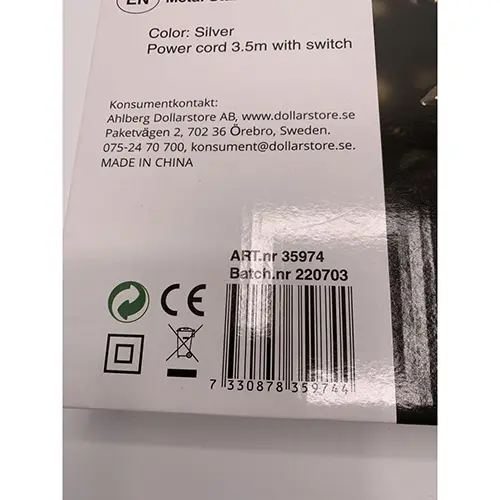 Photo de l’avis officiel: Dollarstore Metallstjärna silver Lampe — risque: Risque chimique