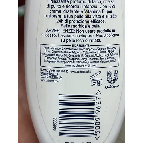 Photo de l’avis officiel: Dove Talco - Talco con crema idratante Déodorant — risque: Risque chimique