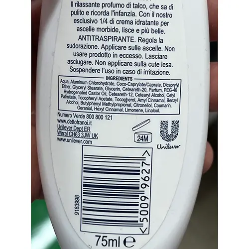 Photo de l’avis officiel: Dove Talco - Talco con crema idratante Déodorant — risque: Risque chimique