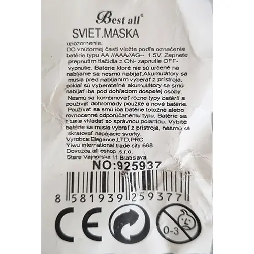 Foto dell’avviso ufficiale: Best All Maschera luminosa — rischio: Ambiente