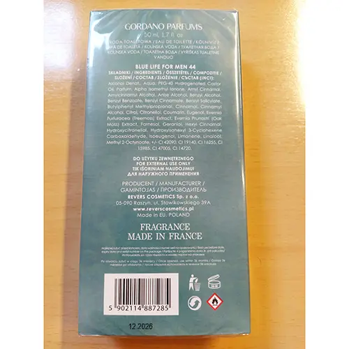 Photo de l’avis officiel: GORDANO PARFUMS Blue Life for men 44 Eau de toilette — risque: Risque chimique