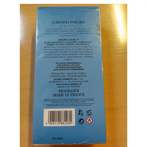 Foto dell’avviso ufficiale: GORDANO PARFUMS Amore Caldo 4 Eau de toilette — rischio: Rischio chimico