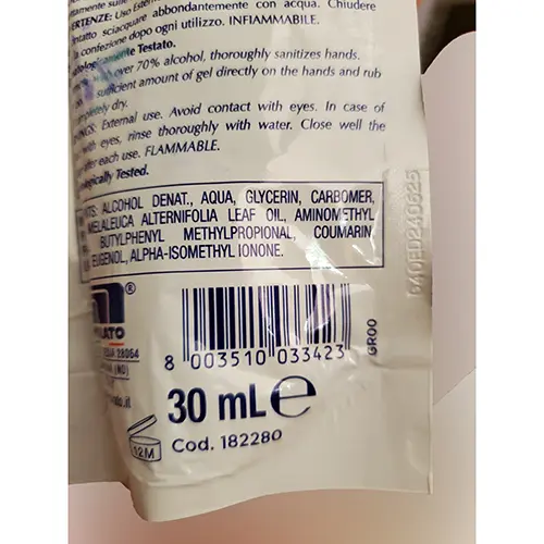 Foto uit de officiële melding: GLICEMILLE Gel detergente igienizzante con antibatterico Handgel — risico: Chemische risico's