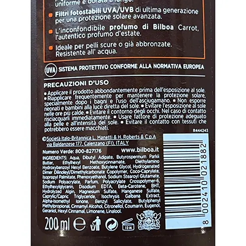 Foto dell’avviso ufficiale: BILBOA Carrot Plus latte solare protezione 6 bassa Crema solare — rischio: Rischio chimico