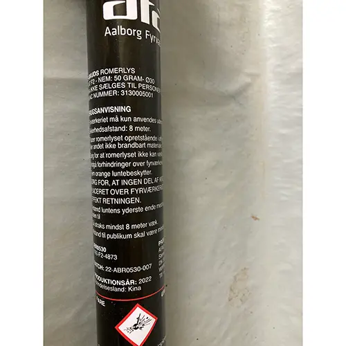 Photo from the official notice: AFAC-Aalborg Fyrværkerifabrik Aalborg Bomberør - Guld Bomber fireworks — burns & damage to sight risk
