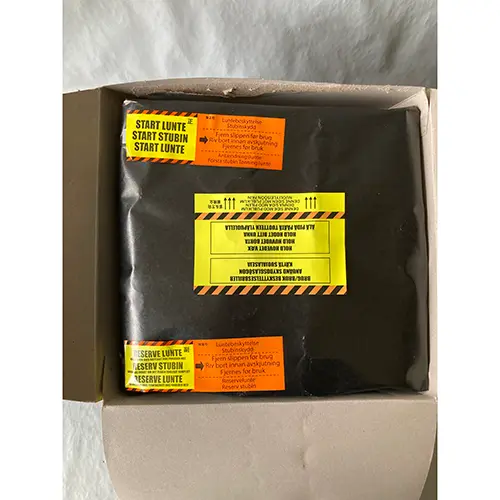 Photo from the official notice: Airborne fireworks — burns & damage to sight risk