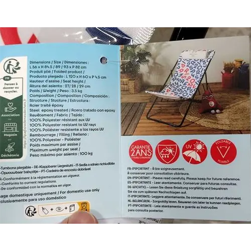 Foto aus der offiziellen Meldung: Paris 2024 Chilienne pliable CORFOU Klappstuhl — Risiko: Einklemmen & Verletzungen