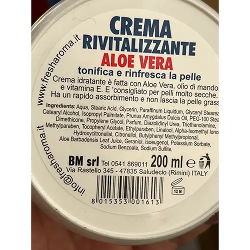 Photo de l’avis officiel: Bellissima Cosmetics Crema rivitalizzante Aloe Vera Crème hydratante — risque: Risque chimique