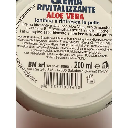Photo de l’avis officiel: Bellissima Cosmetics Crema rivitalizzante Aloe Vera Crème hydratante — risque: Risque chimique