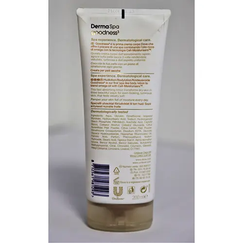 Photo de l’avis officiel: Dove Derma Spa Goodness Crème pour le corps — risque: Risque chimique