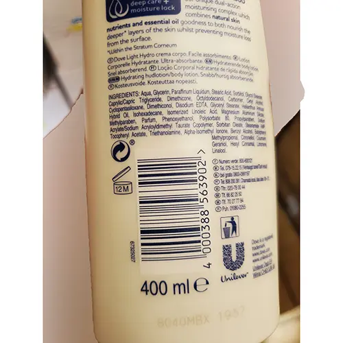 Photo de l’avis officiel: Dove Nourishing body care light hydro Lotion pour le corps — risque: Risque chimique