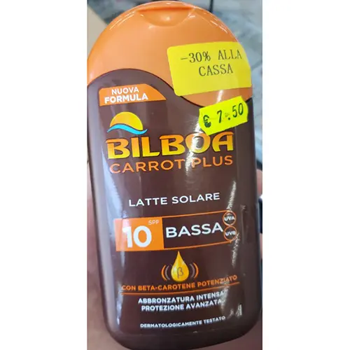 Foto del aviso oficial: BILBOA Carrot Plus Latte solare protezione 10 bassa Protector solar — riesgo: Riesgos químicos