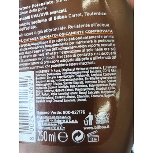 Foto do aviso oficial: BILBOA Carrot Plus Latte solare protezione 15 media Protetor solar — risco: Químico