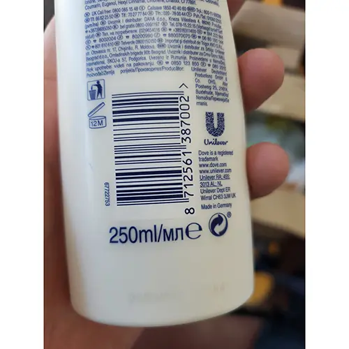 Photo de l’avis officiel: Dove Pampering body lotion Crème pour le corps — risque: Risque chimique