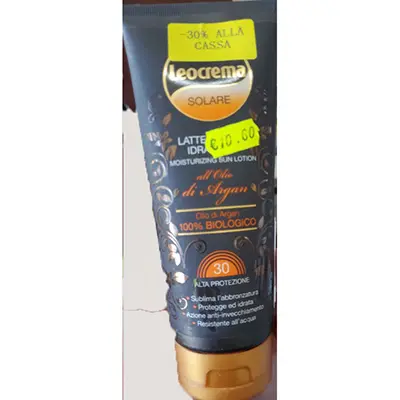 Foto aus der offiziellen Meldung: Leocrema Latte solare idratante all'olio di argan 30 alta protezione Sonnenschutzmilch — Risiko: Chemikalie