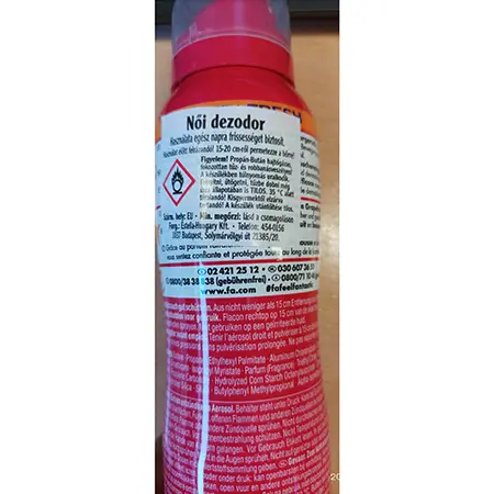 Photo de l’avis officiel: FA Sporty Fresh anti-transpirant spray for women Déodorant — risque: Risque chimique