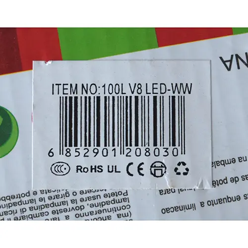 Photo de l’avis officiel: 100L LED V8 Lights Chaîne d'éclairage — risque: Choc électrique