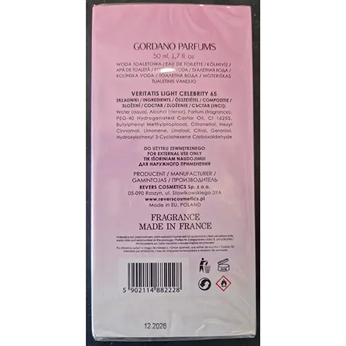 Foto aus der offiziellen Meldung: GORDANO PARFUMS VERITATIS LIGHT CELEBRITY 65 Eau de Toilette — Risiko: Chemikalie