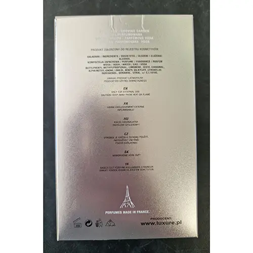 Foto dell’avviso ufficiale: LUXURE PARFUMES I miss You, GROVING GARDEN Profumo — rischio: Rischio chimico