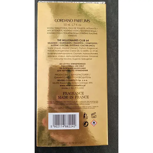 Photo de l’avis officiel: GORDANO PARFUMS M THE MILLIONAIRES CLUB Eau de toilette — risque: Risque chimique